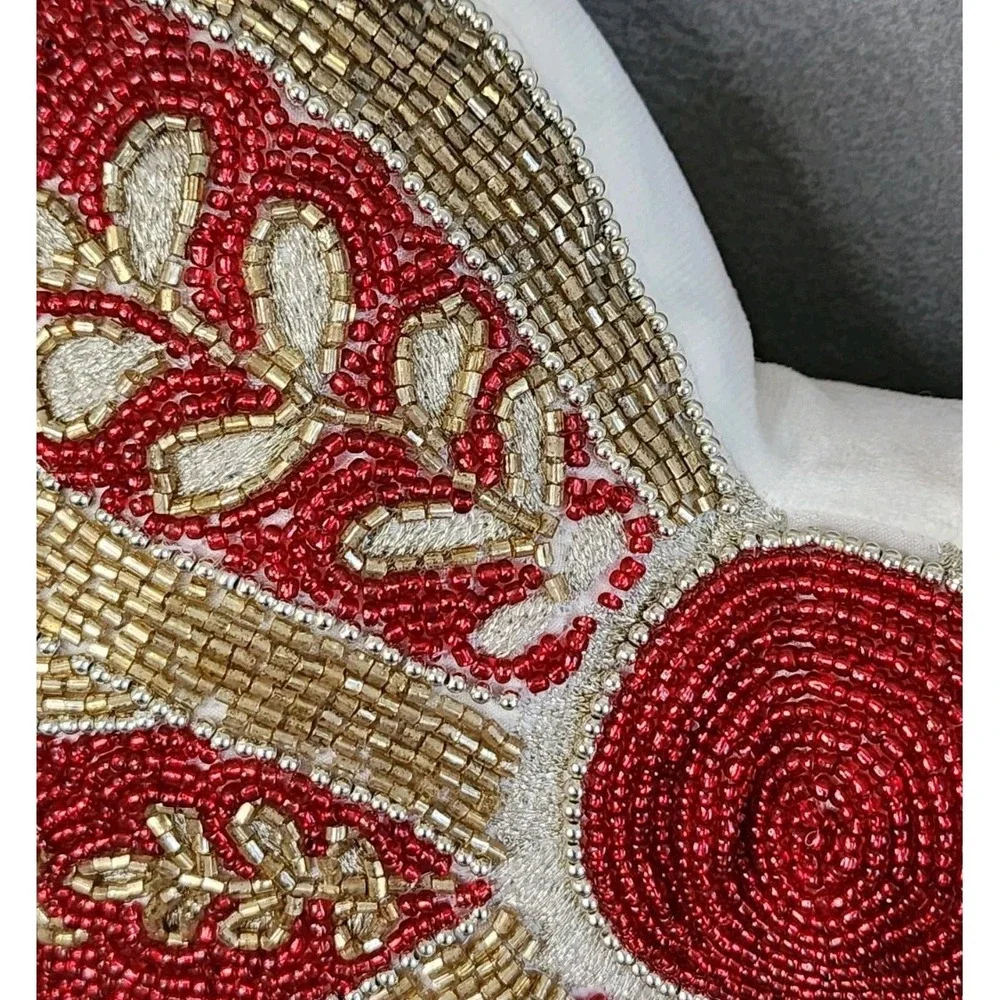 Christmas Red Gold Beaded Bow Coquette Decorative Pillow Home Decor 16x16‎ NEW